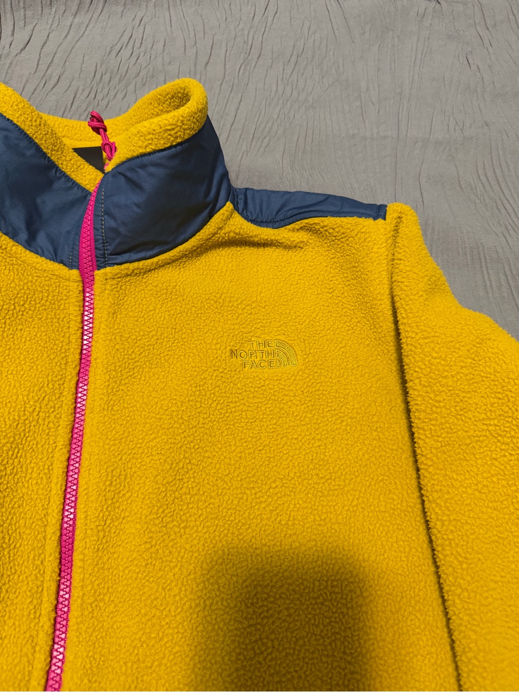 The North Face Yellow Fleece Jacket With Navy Yoke And Pink Zipper